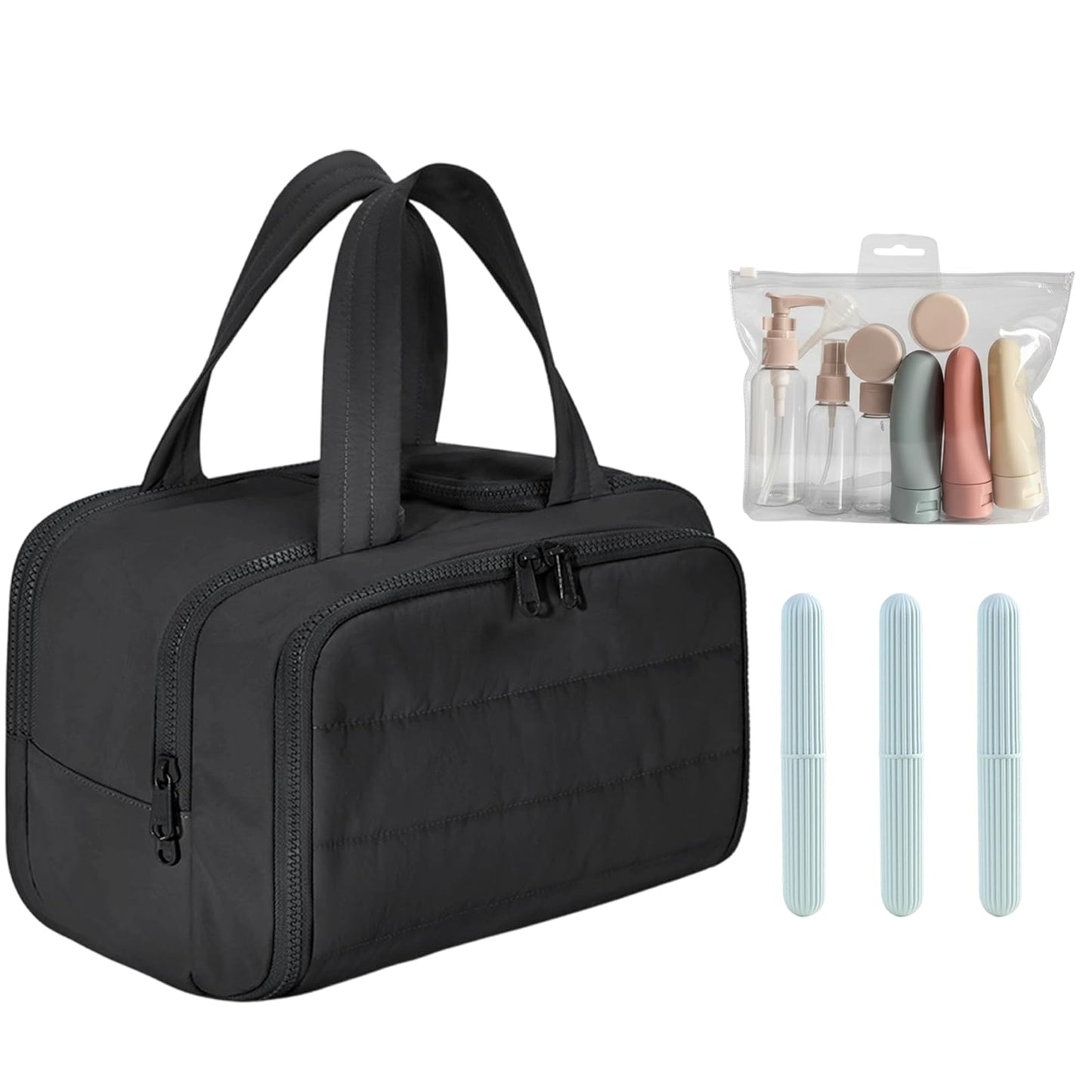 Travel Toiletry Bag, Large Wide-open Travel Bag for Women with 1 Toiletries Travel Bottles, 3 Portable Toothbrush Cases, Makeup Bag Organizer with Handle for Accessories,Essentials, Toiletries, Black