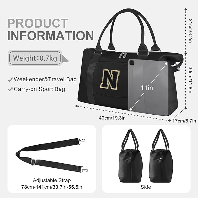 Dance Gym Duffel Bag for Teen Girls, Personalized Initial Travel Weekender Bag,Cute Overnight Carry On Duffle for Women,Sports Travel Cheer Bag,Monogram Christmas Gifts for Tween Preppy(black-N)