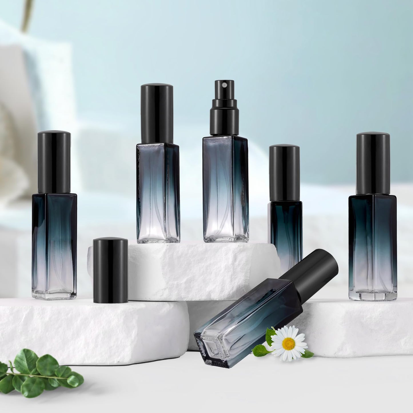 Kesell 11 Pack 10ml Spray Bottles Glass Refillable Perfume Atomizer for Travel Square Empty Bottles Containers Portable Fine Mist Perfume Vials Set with 5pcs Funnel and 5pcs Dropper (Black Cap)