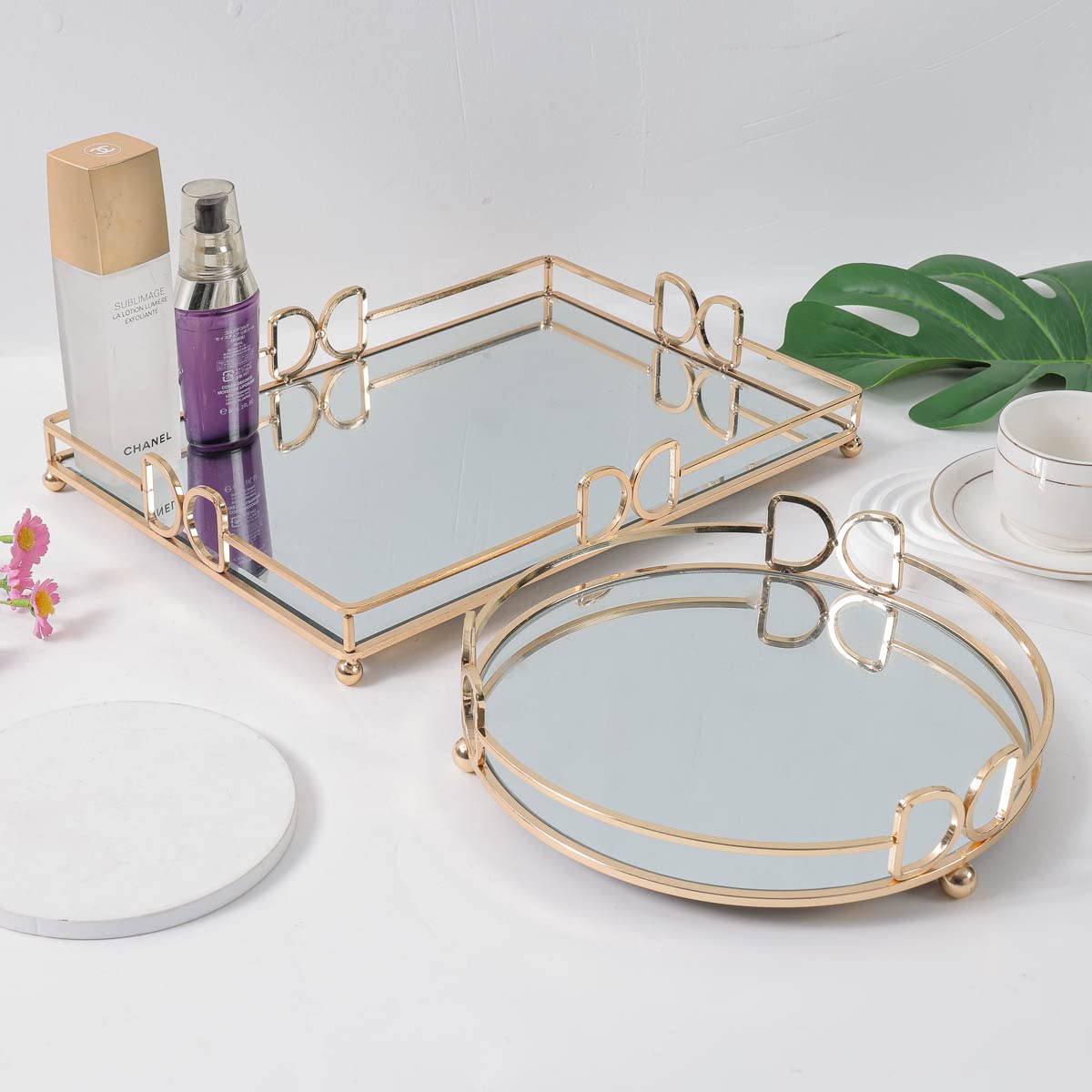 HAIGOUER Large Gold Mirrored Tray for Makeup Vanity, 14x10 Entire Length Perfume Organizer for Dresser Top, Elegant Decorative Countertop Storage