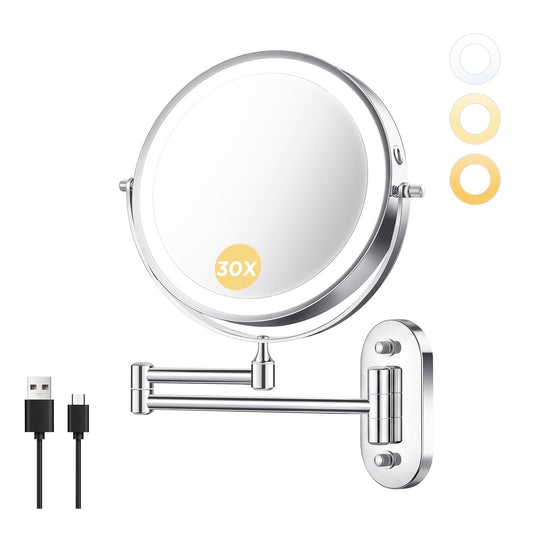 tubbede Wall Mounted Makeup Mirror with Light, 8 Inch 1X/30X Magnifying Mirror, Rechargeable 4000mAh, Double Sided, Extendable Arm, 360° Swivel Bathroom Mirror