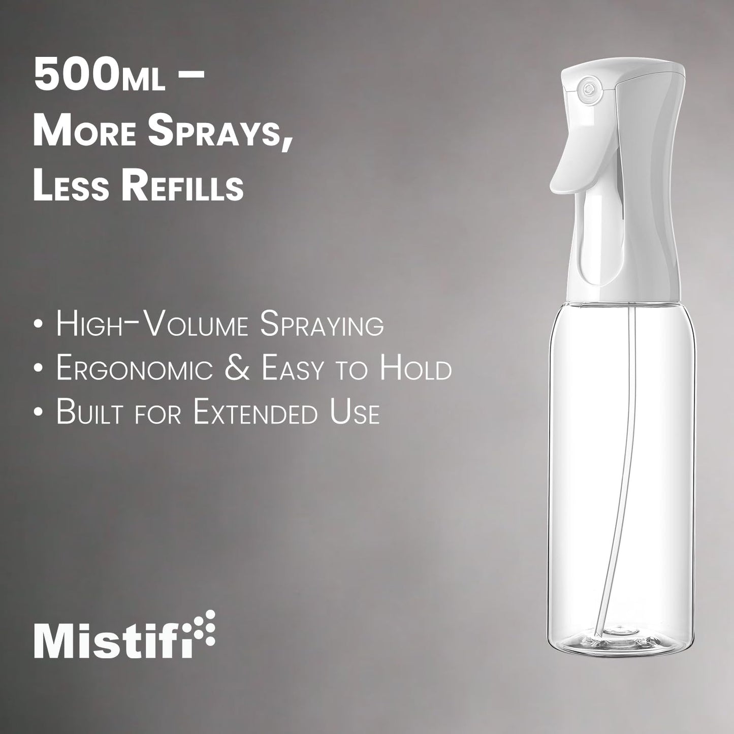 Mistifi Continuous Mist Spray Bottle – Ultra Fine Refillable Water Mister for Hair, Plants, Cleaning, Skincare, Salon & Home Use　(500ml 2Pcs, Transparent bottle)