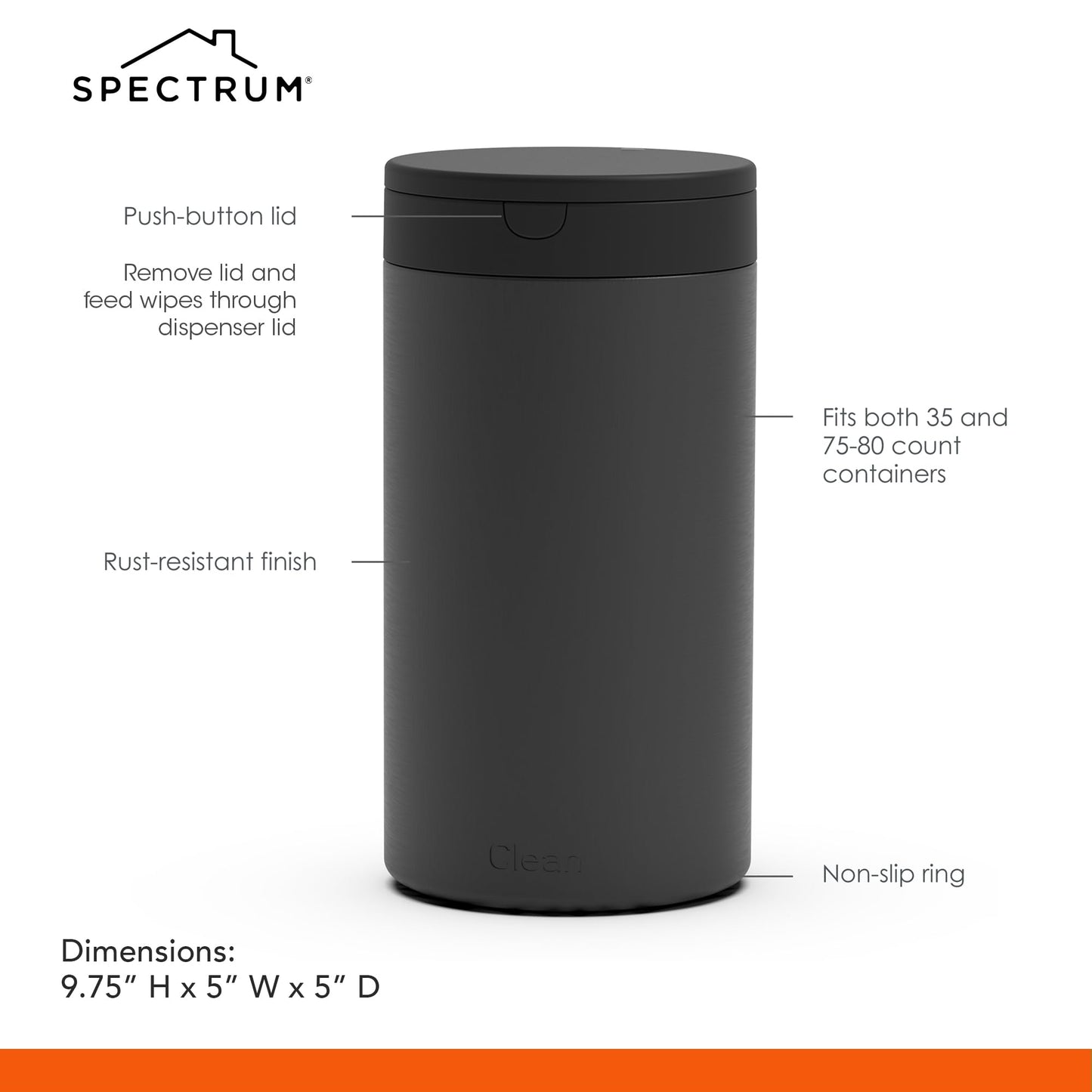 Spectrum Disinfecting Wipes Container Refillable Stainless Steel Wipe Holder for Bathroom Kitchen School Classroom, Reusable Push Button Wet Wipe Dispenser for Disinfect Cleaning Countertop, Black
