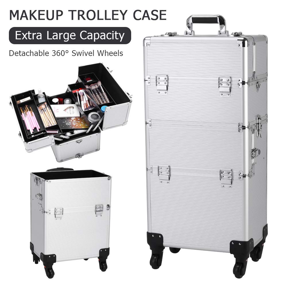 Karl home 3 in 1 Makeup Train Case Rolling Cosmetic Trolley Large Capacity Travel Organizer with Key 360°Swivel Wheels Suitcase for Beauticians Hairstylists Nail Tech Students, Silver