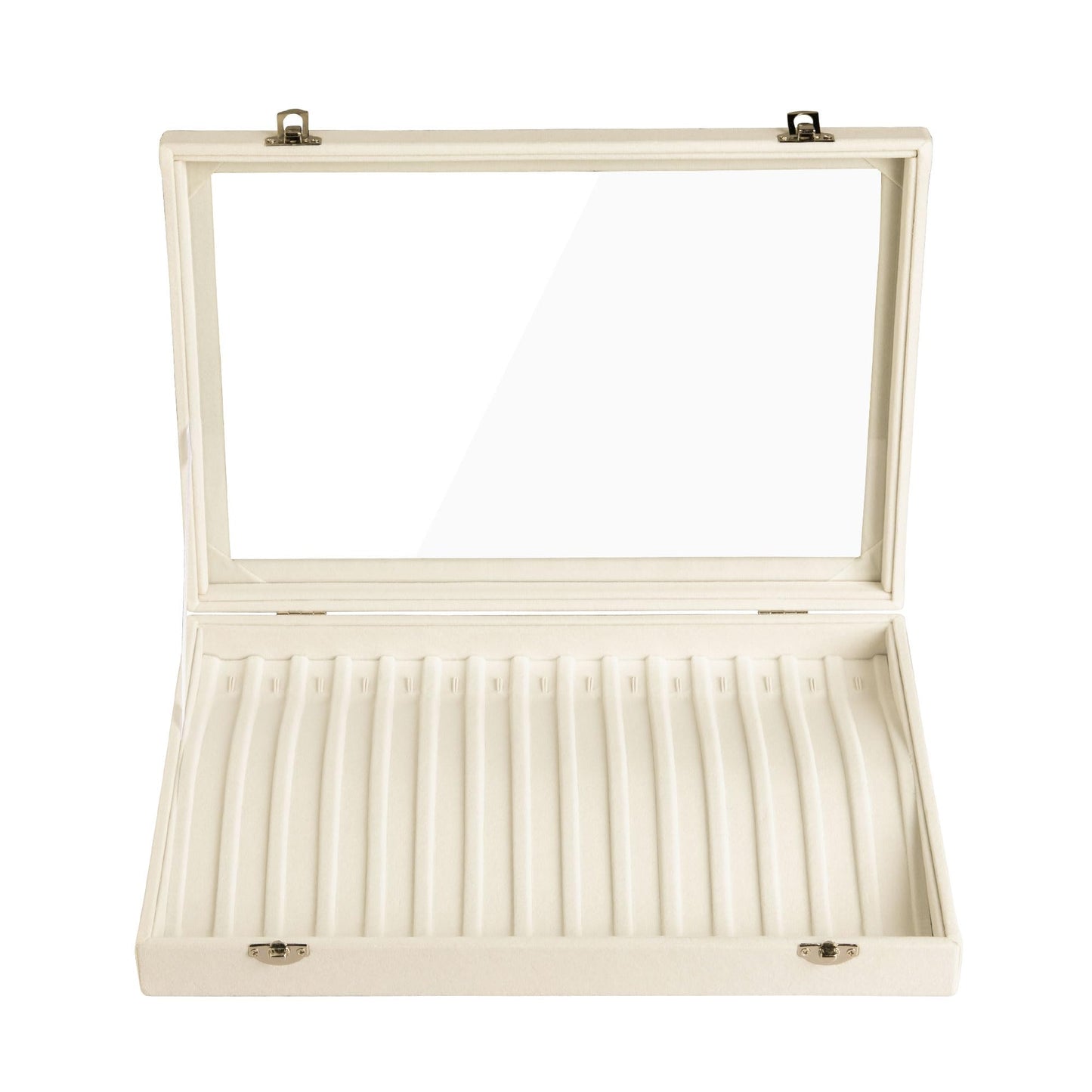 Frebeauty 15 Hooks Necklace Tray Velvet Neckalce Organizer with Clear Lid Lockable Necklace Holder Box Jewelry Organizer for Pendants Chains Necklace Jeweley Tray for Women Girls(Beige)