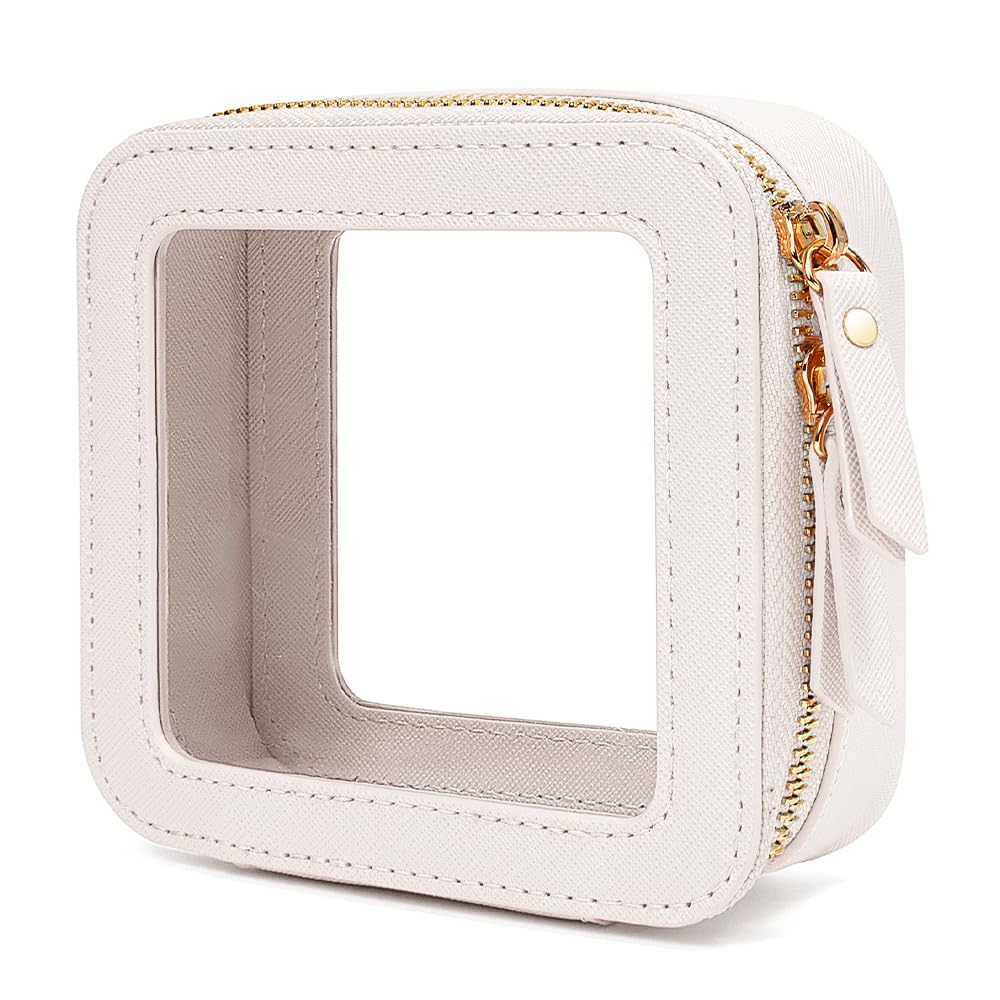 Clear Makeup Bag Small, Mini Clear Makeup Pouch TSA Approved Portable Travel Toiletry Bag Multipurpose Cosmetic Bag Case for Women Vegan Leather Make Up Pouch Car Organizer for Women Men (Mini White)