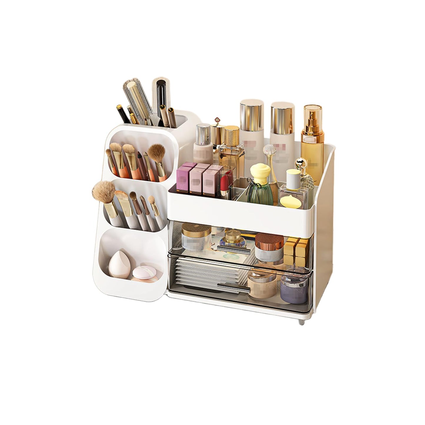 HEVOY Makeup Organizer with Drawer, Skincare Products Perfume Desk Storage Box, Beauty Holder Rack for Lipstick Brush Eyeliner, Cosmetic Display Case for Dresser Countertop & Bathroom Vanity (White)