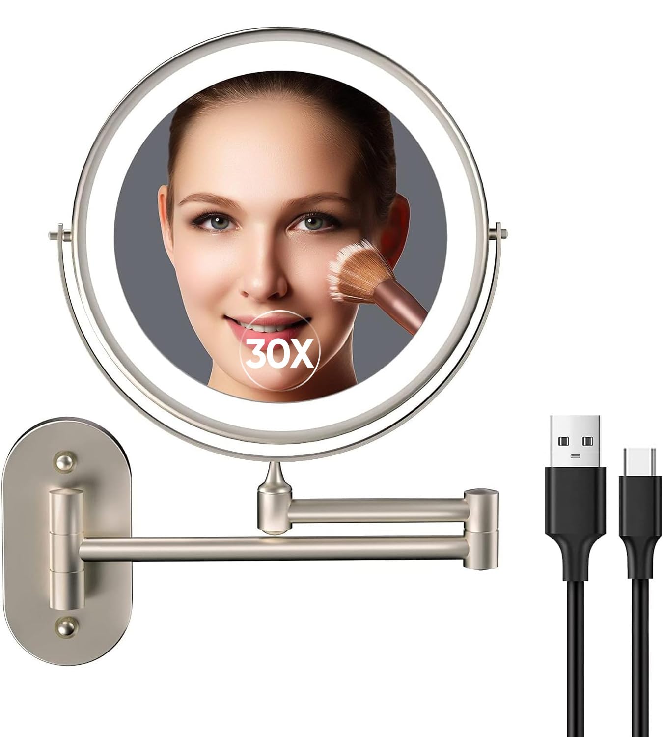 5000mAh Rechargeable Wall Mounted Lighted Makeup Vanity Mirror, Double Sided 1X 30X Magnifying Bathroom Mirror, 3 Color Lighting, Touch Screen Dimming, Extended Arm 360 Rotation Shaving Mirror