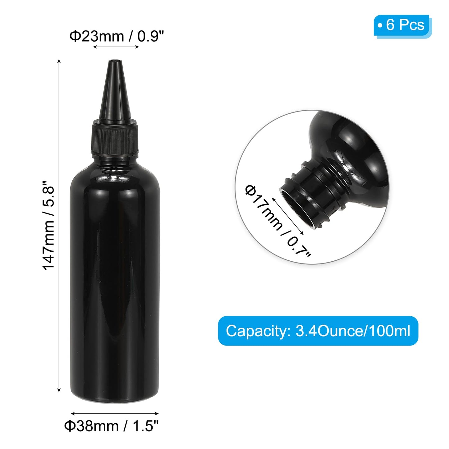 PATIKIL Plastic Applicator Bottle, 6 Pcs 3.4oz(100ml) Leak Proof Refillable Empty Dispenser Container Squeeze Bottle with Twist Top Cap for Hair Ink Liquid Sauces, Black