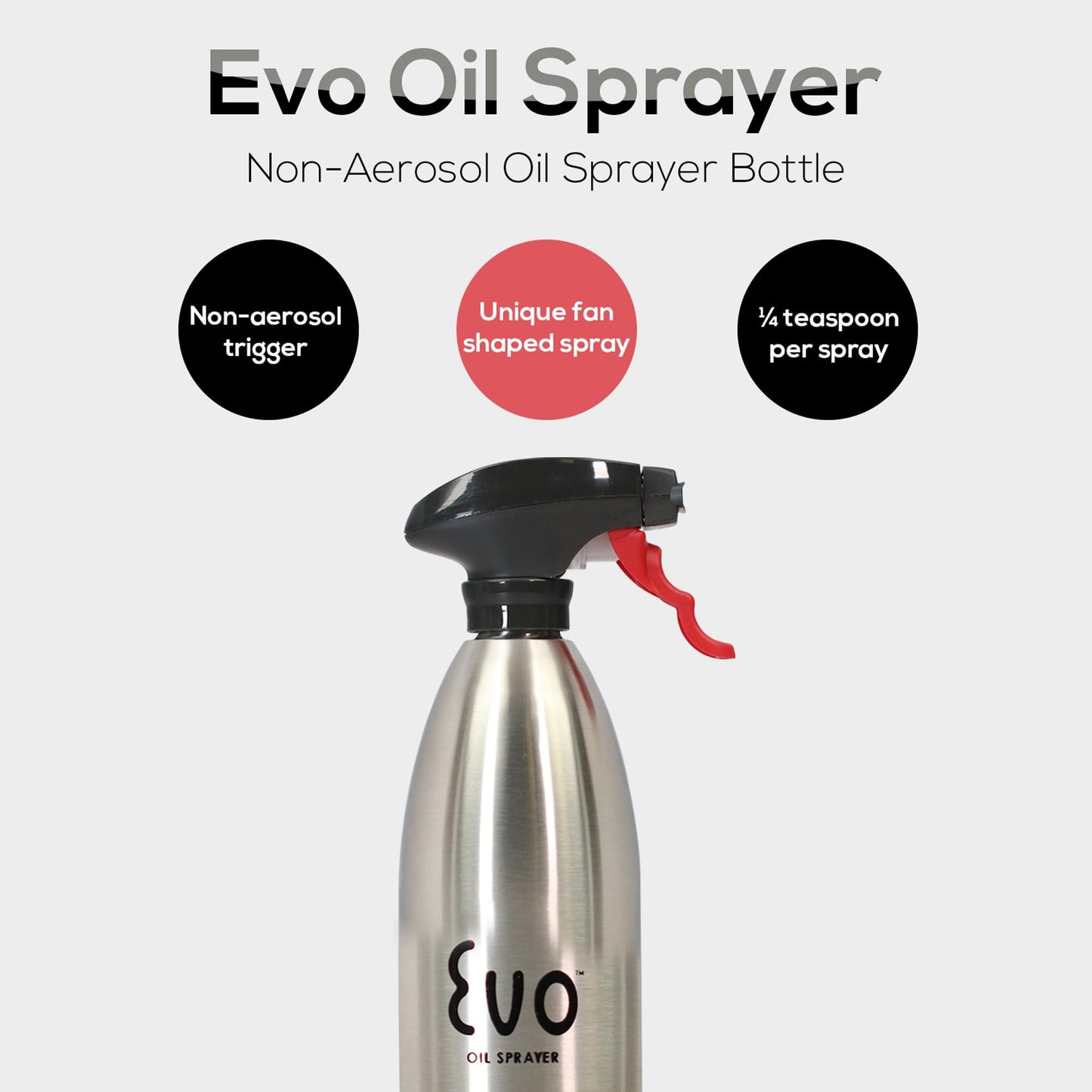 Evo Oil Sprayer 18/8 Stainless Steel, Non-Aerosol for Olive, Cooking Oils, and Vinegars, Silver, 16-Ounce Capacity
