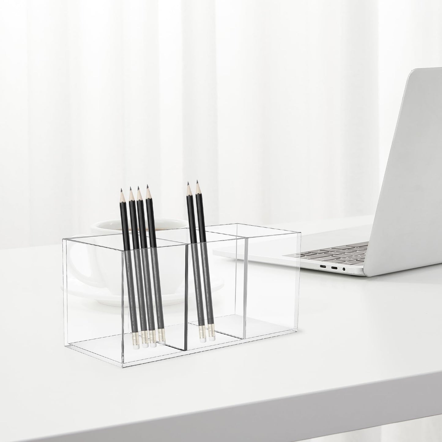 Acrylic Pen Holder Clear Pencil Organizer Makeup Brush Holder Countertop Desk Accessory Storage (3 Compartments)