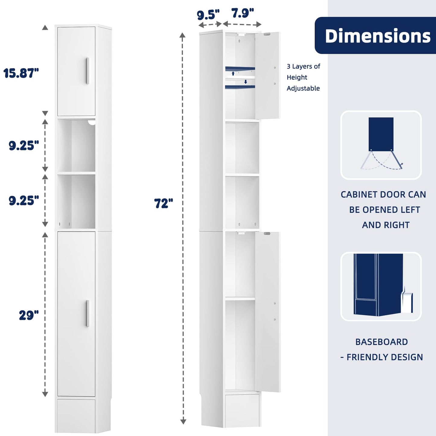 MOHOPE Narrow Bathroom Storage Cabinet, 72" Tall Slim Bathroom Cabinet with 2 Doors & Adjustable Shelves, Skinny Freestanding Floor Cabinet for Small Spaces, Living Room, White