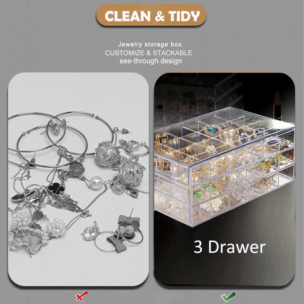 QIYUSHRY Earring Storage Box Acrylic Jewelry Storage Holder Ring Clear Plastic Transparent Jewelry Display Stand with 3 Drawers 72 Small Compartment Tray for Women Girls