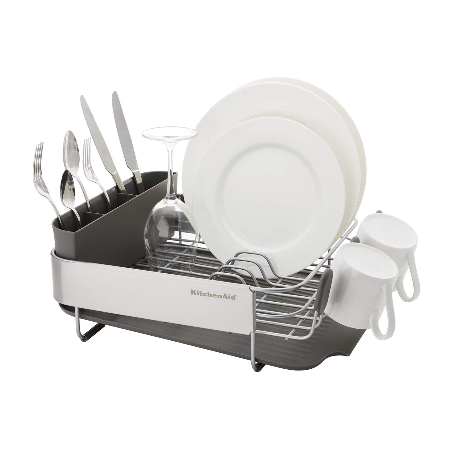 KitchenAid Compact, Space Saving Rust Resistant Dish Rack, with Angled Self Draining Drain Board and Removable Flatware Caddy, 16.06-Inch, Gray