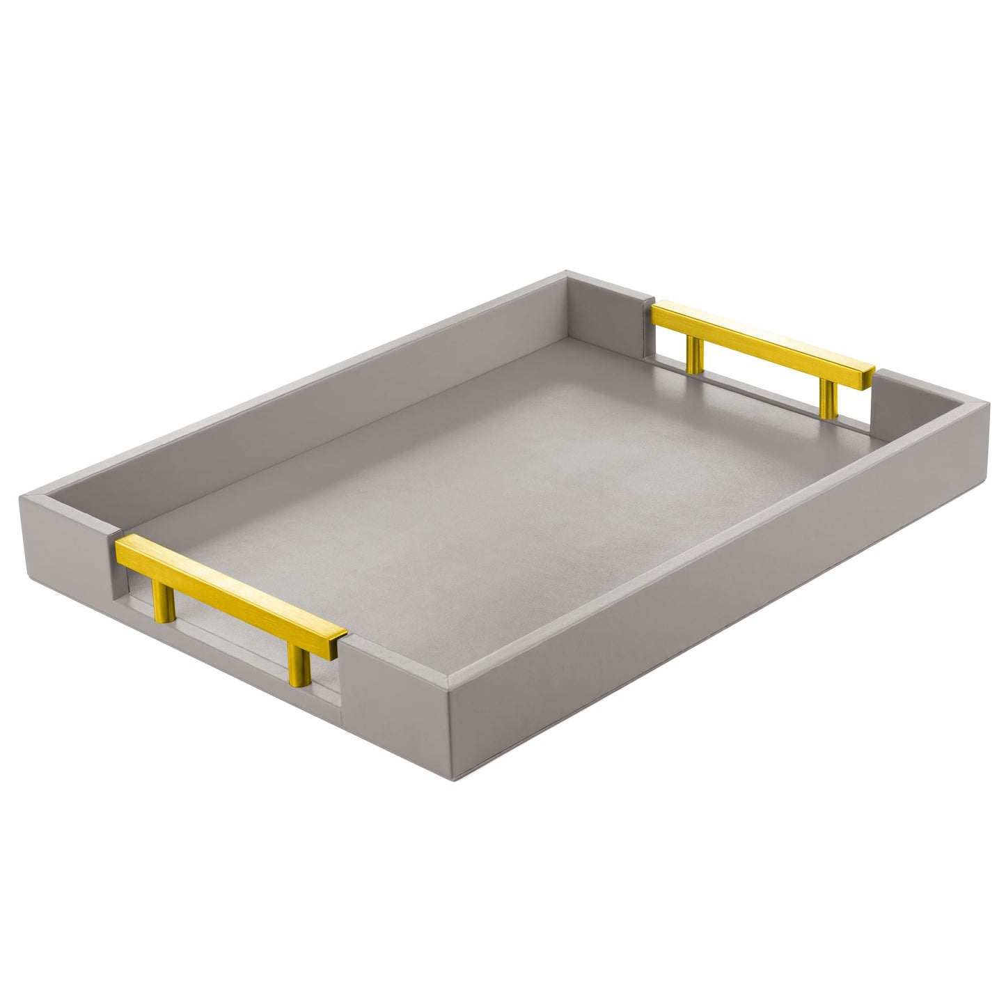 ATZYmolin Leather Serving Tray with Gold Polished Metal Handles, Home Decorative Wooden Rectangle Ottoman Decor Platter Bathroom Vanity Tray for All Occasions Grey
