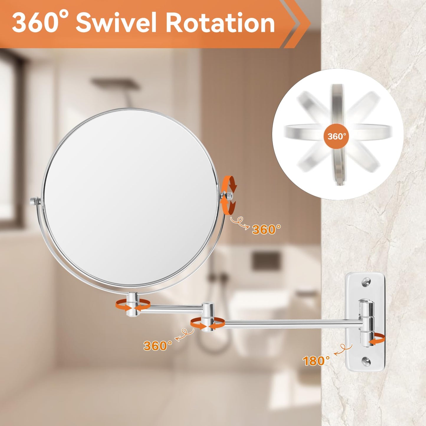 AumVum 8 inch Wall Mounted Makeup Mirror, 1X/10X Magnifying Double-Sided Wall Mount Shaving Mirror (Close-Up 10X) with Extendable Arm, 360° Swivel for Bathroom Vanity, Chrome (No Light)