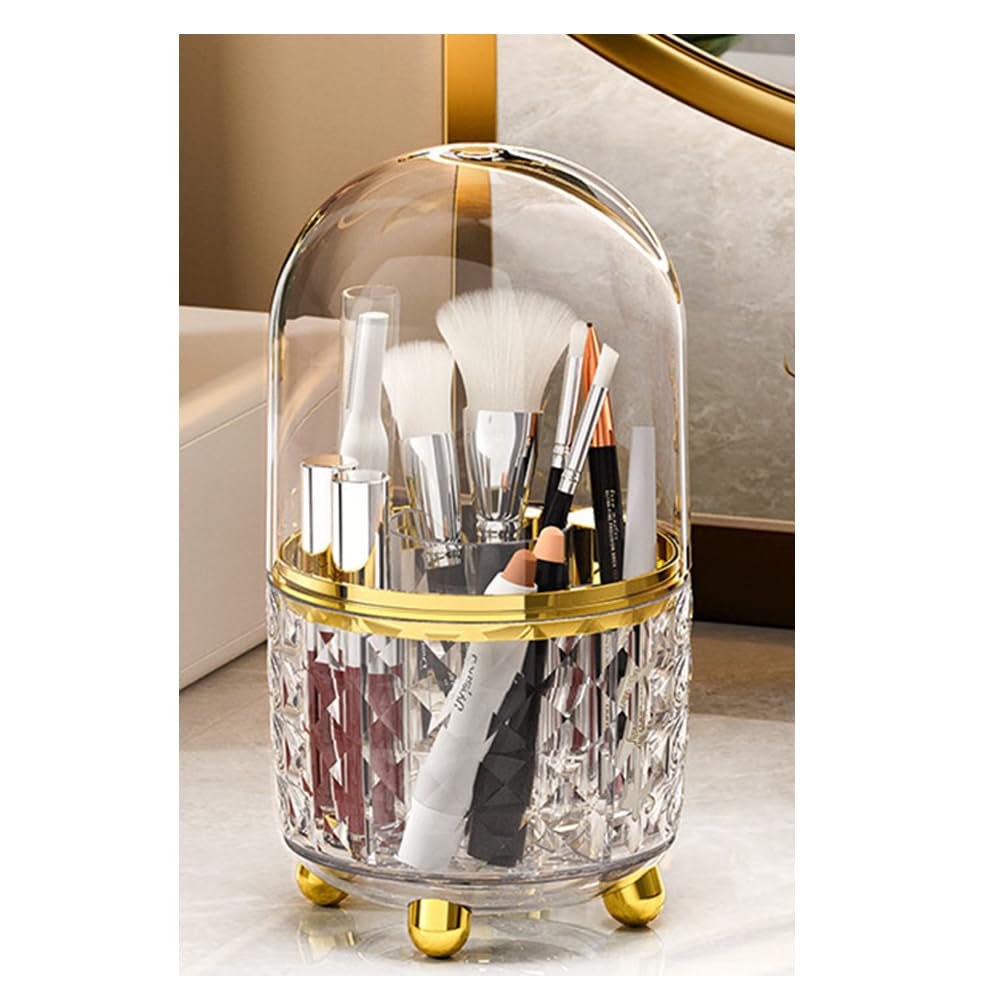 Haiansan Makeup Brush Holder with Dustproof Lid, 360° Rotating Makeup Organizer, Spinning Cosmetic Organizer Pen Holder for Vanity Bathroom (Clear Gold)
