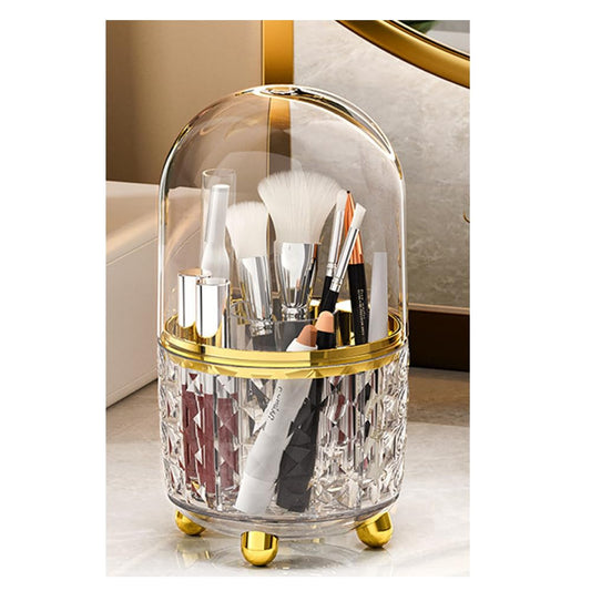 Haiansan Makeup Brush Holder with Dustproof Lid, 360° Rotating Makeup Organizer, Spinning Cosmetic Organizer Pen Holder for Vanity Bathroom (Clear Gold)