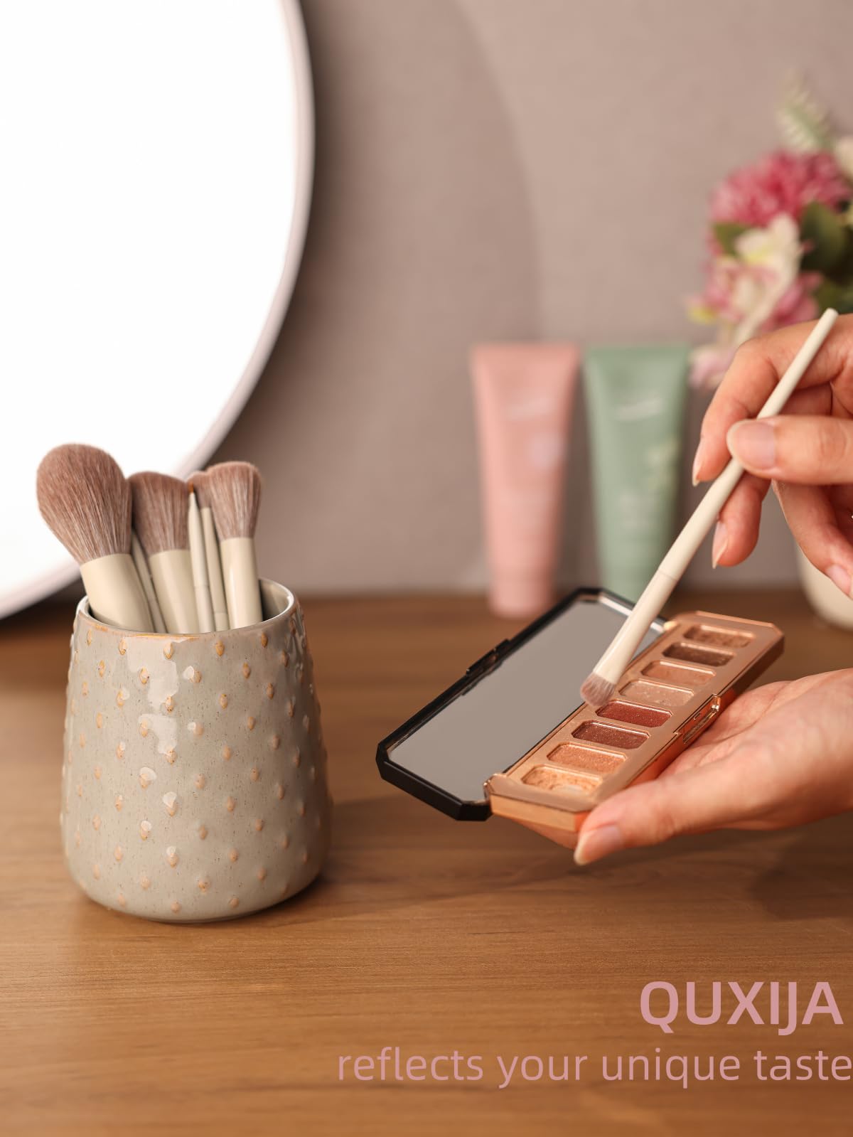 QUXIJA Ceramic Makeup Brush Holders Bathroom Vanity, Brushes Cup (Vintage Grey)