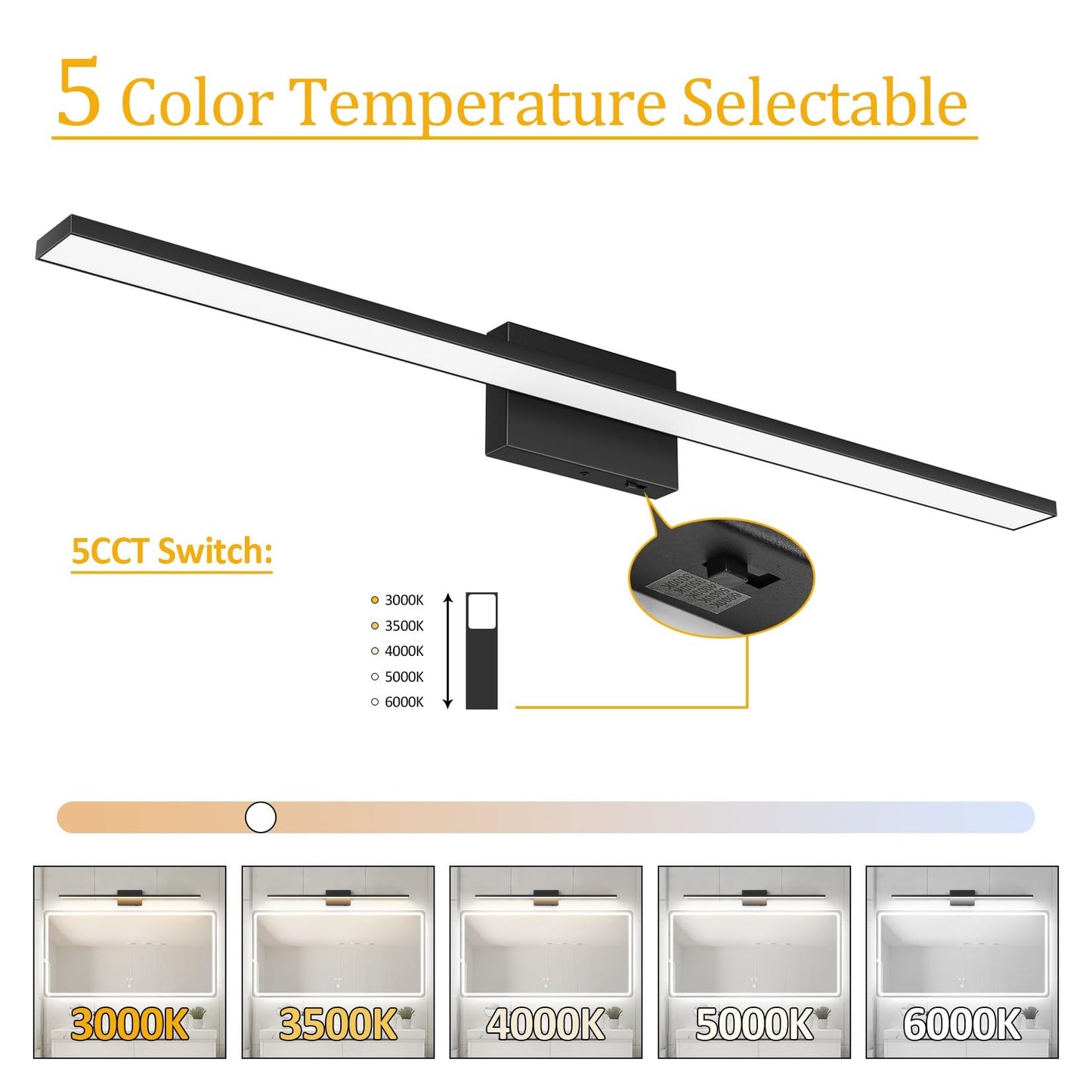 Ralbay 5 Color Temperature Dimmable Black Bathroom Vanity Light Bar 40inch Acrylic LED Modern Matte Black Bathroom Wall Lighting Fixtures Over Mirror