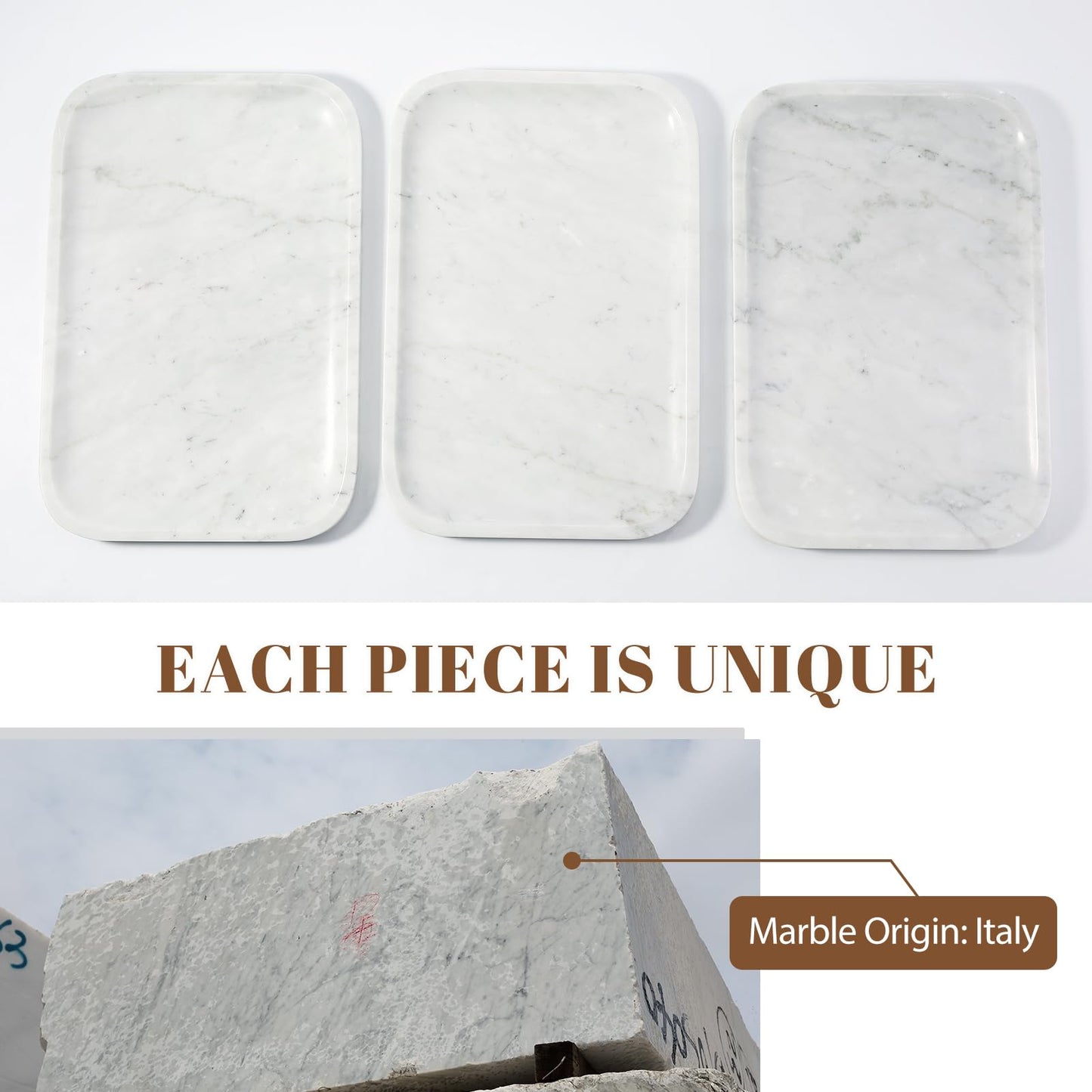 Koville Marble Tray, 12"x8" Bianco Carrara Marble Vanity Tray for Countertop Bathroom Kitchen Dresser, Decorative Catchall Trays for Perfume Jewelry, Rectangular Stone Serving Tray