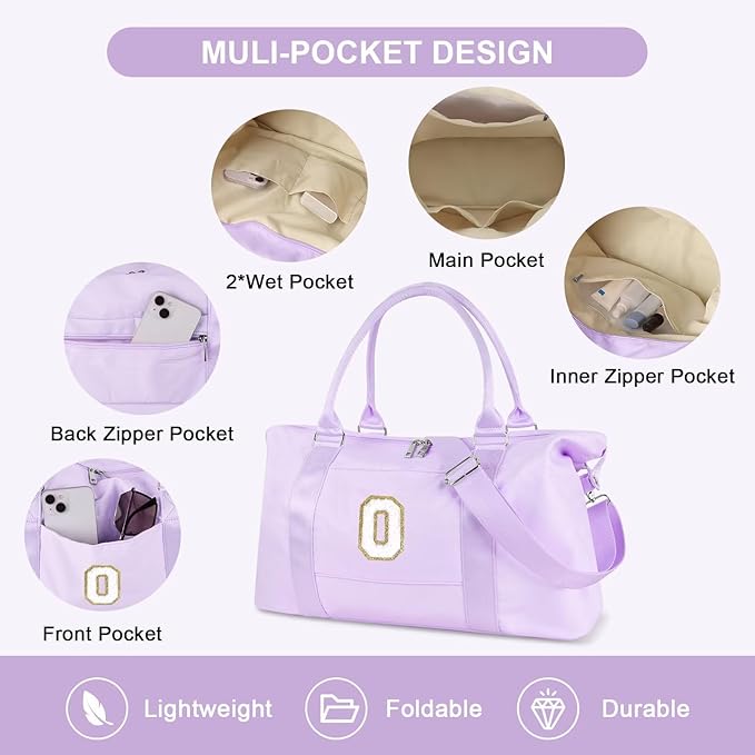 Dance Gym Duffel Bag for Teen Girls, Personalized Initial Travel Weekender Bag,Cute Overnight Carry On Duffle for Women,Sports Travel Cheer Bag,Monogram Christmas Gifts for Tween Preppy(purple-O)