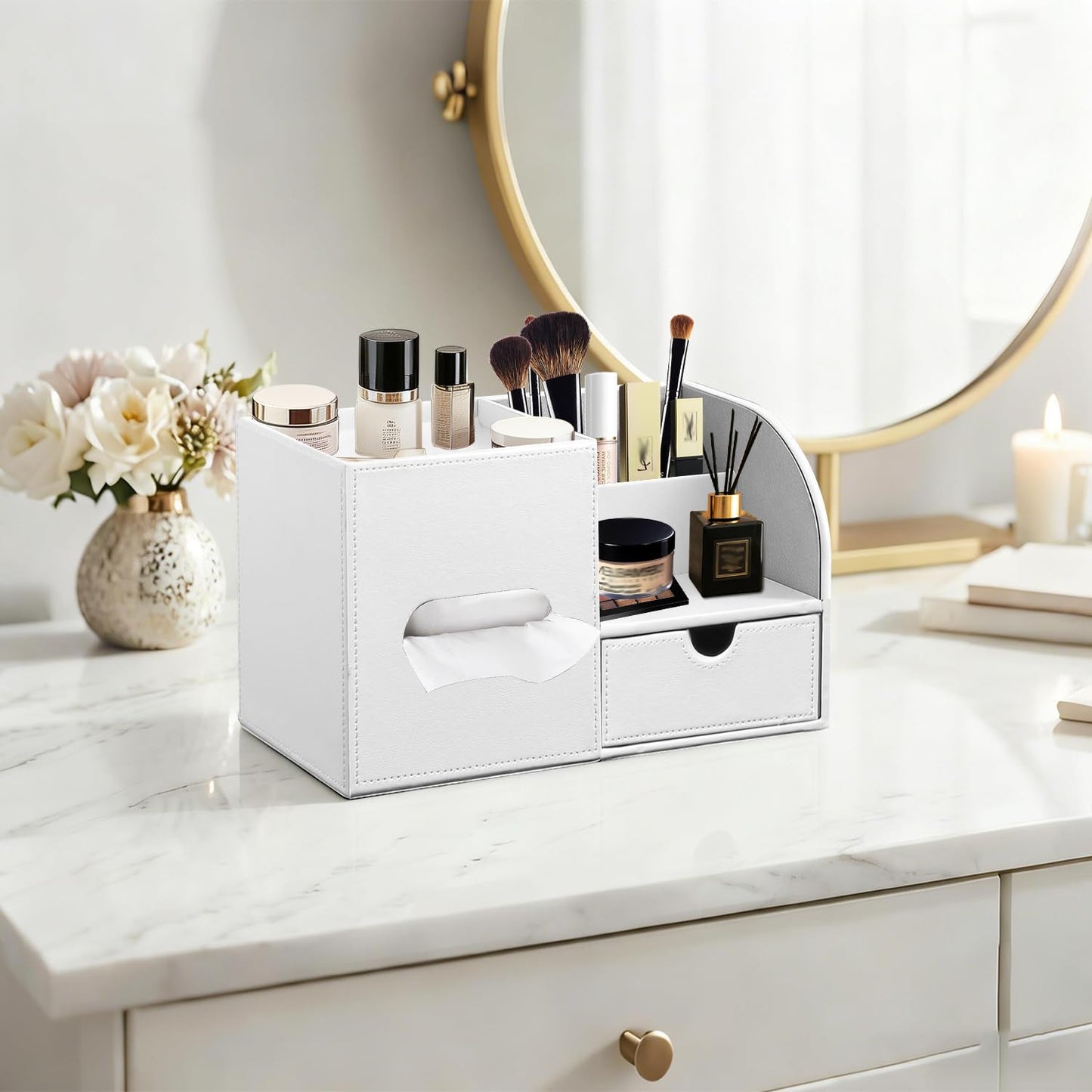 Leather Nightstand Organizer with Tissue Holder,White Square Tissue Box Cover with Organizer, Decorative Modern Facial Paper Storage Box for Bathroom Living Room Vanity Table Countertop Office