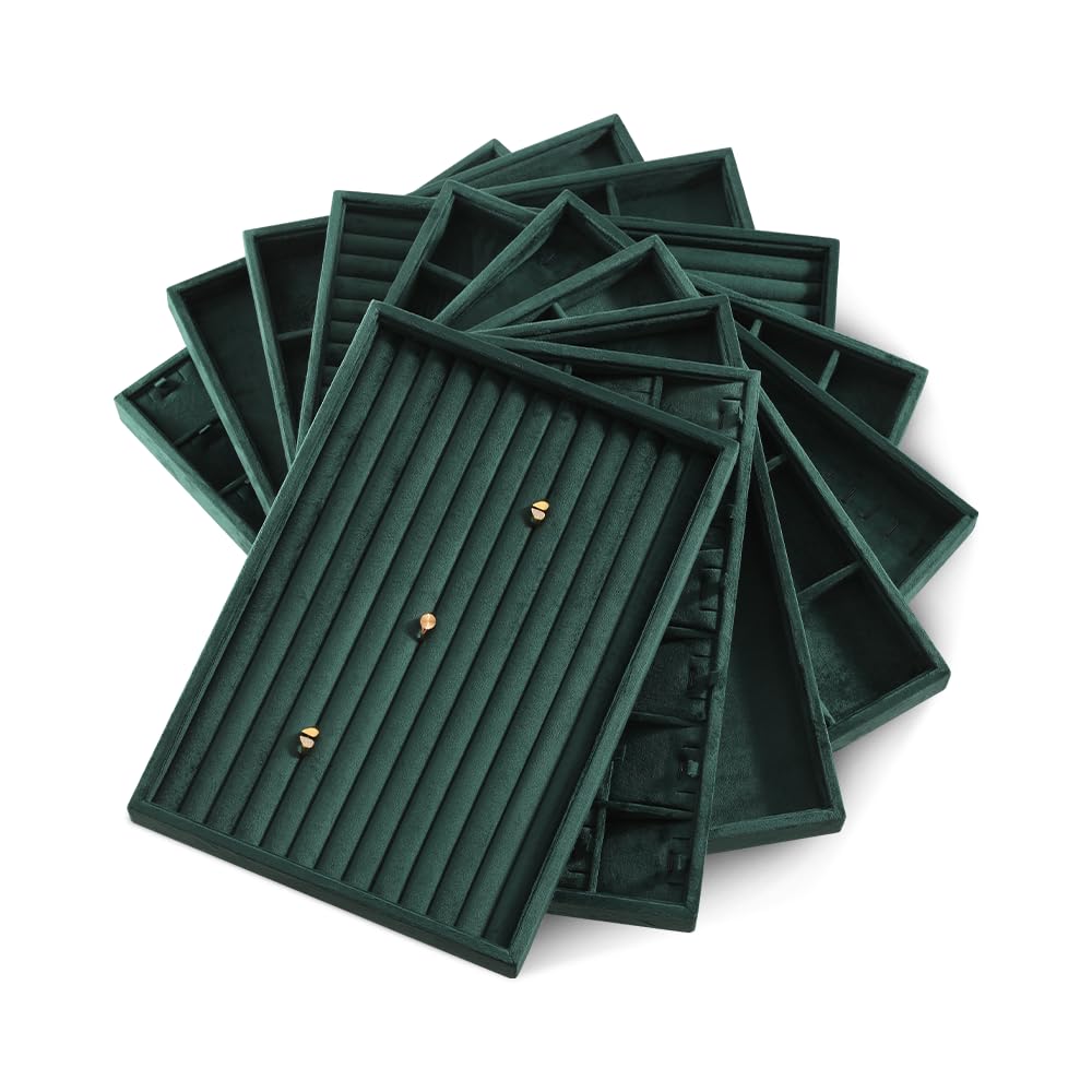 Dansmiy Velvet Jewelry Display Tray Stackable Organizer for Rings Earrings Necklaces Bracelets Pendants Jewelry Storage Tray for Drawer Countertop Showcase Display (Green)