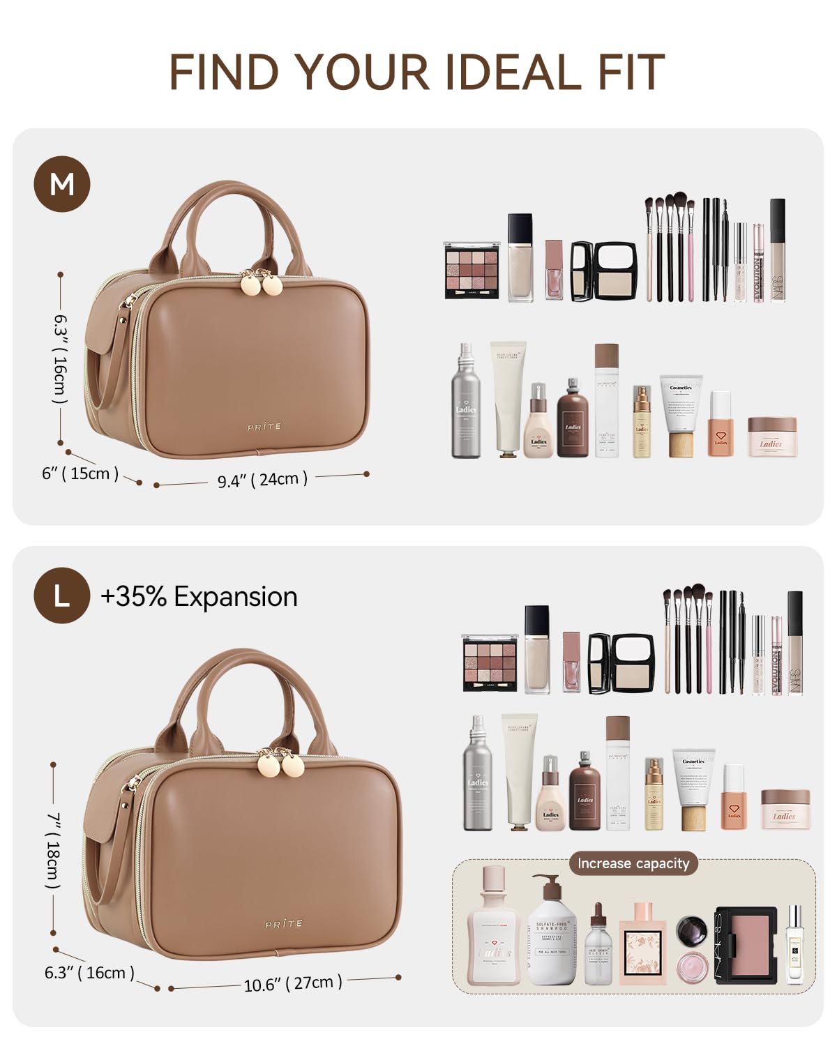 Prite Travel Makeup Bag Women’s Large Capacity Waterproof Cosmetic Organizer Portable Open Flat Toiletry Case with Free-standing Brush Holder and Handle(Brown Large)