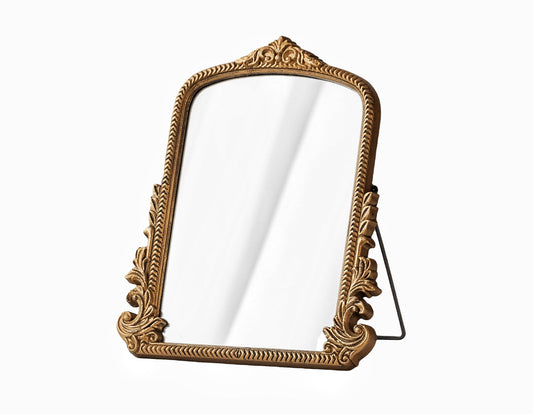 TenFuju Small Gold Vintage Vanity Mirror, Antique Gold Wooden Framed Standing Tabletop Mirror, Traditional Chic Arch Makeup Mirror for Living Room, Bedroom, Bathroom, or Office Decor, 11.8" x 9.6"