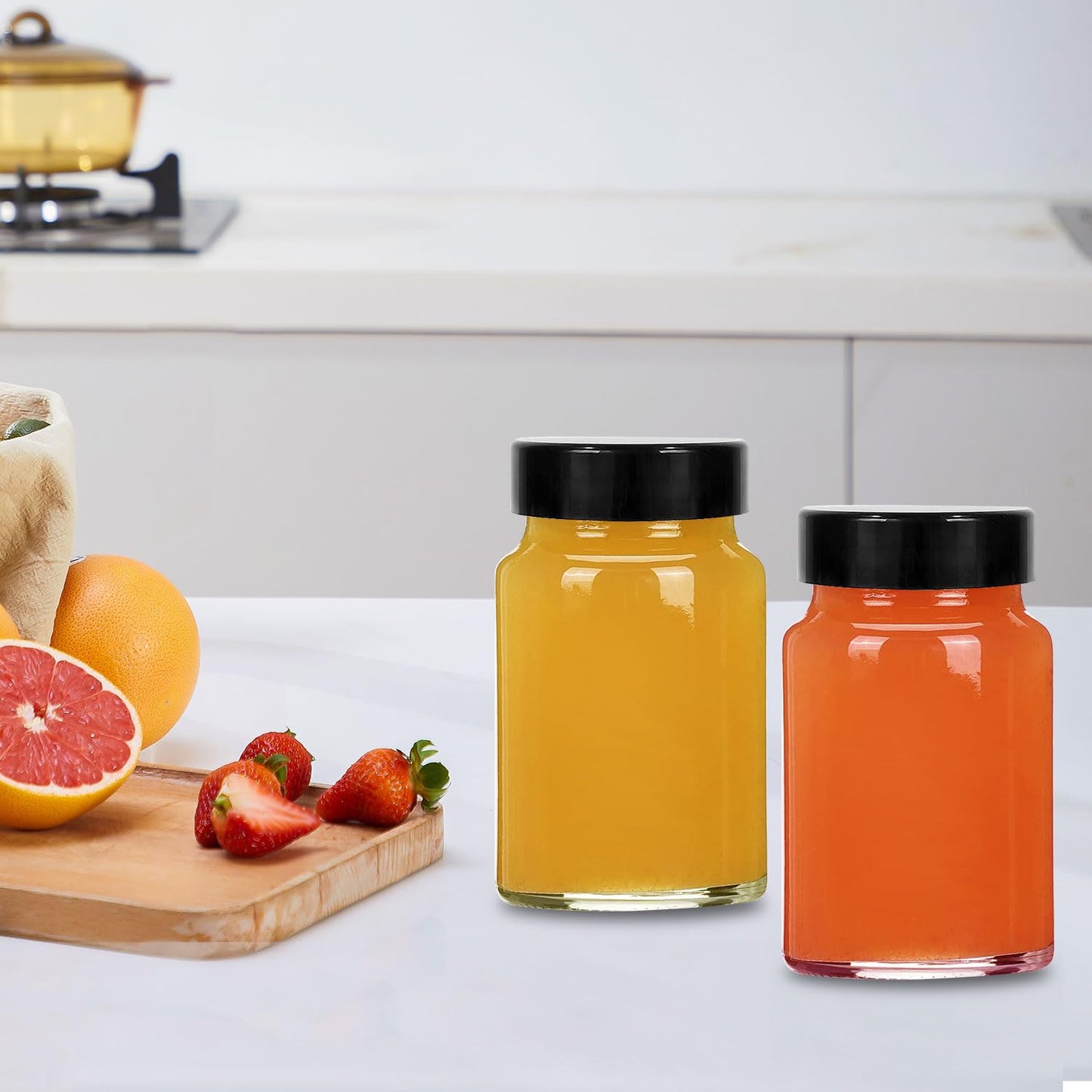 2 oz Small Clear Glass Bottles with Lids - 12 Pcs Wide Mouth Shot Bottles with Caps for Ginger Shots, Juice, Potion, Liquids, Whiskey - Mini Travel Bottles with Funnels, Stickers (12PCS-Clear)