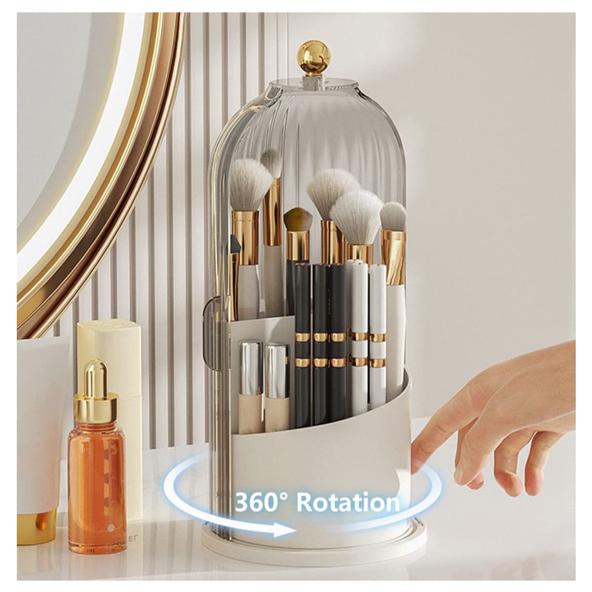 LZYLL Makeup Brush Holder Organizer with Lid-360° Rotating Luxury Cosmetic Organizer Makeup Organizer Lipstick Eyebrow Pencil Holder for Vanity Desktop Bathroom Countertop