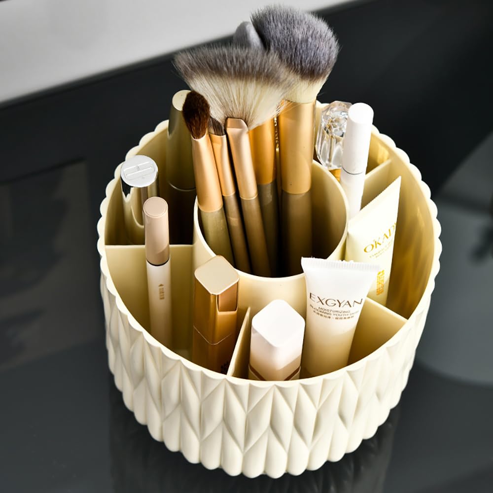 Yoohailor Rotating Makeup Brush Holder - Beige 5 Slot 360° Spinning Organizer for Vanity Desk, Cute Aesthetic Storage for Women, Multi-purpose Pen Pencil Caddy for Office Home Art Supplies