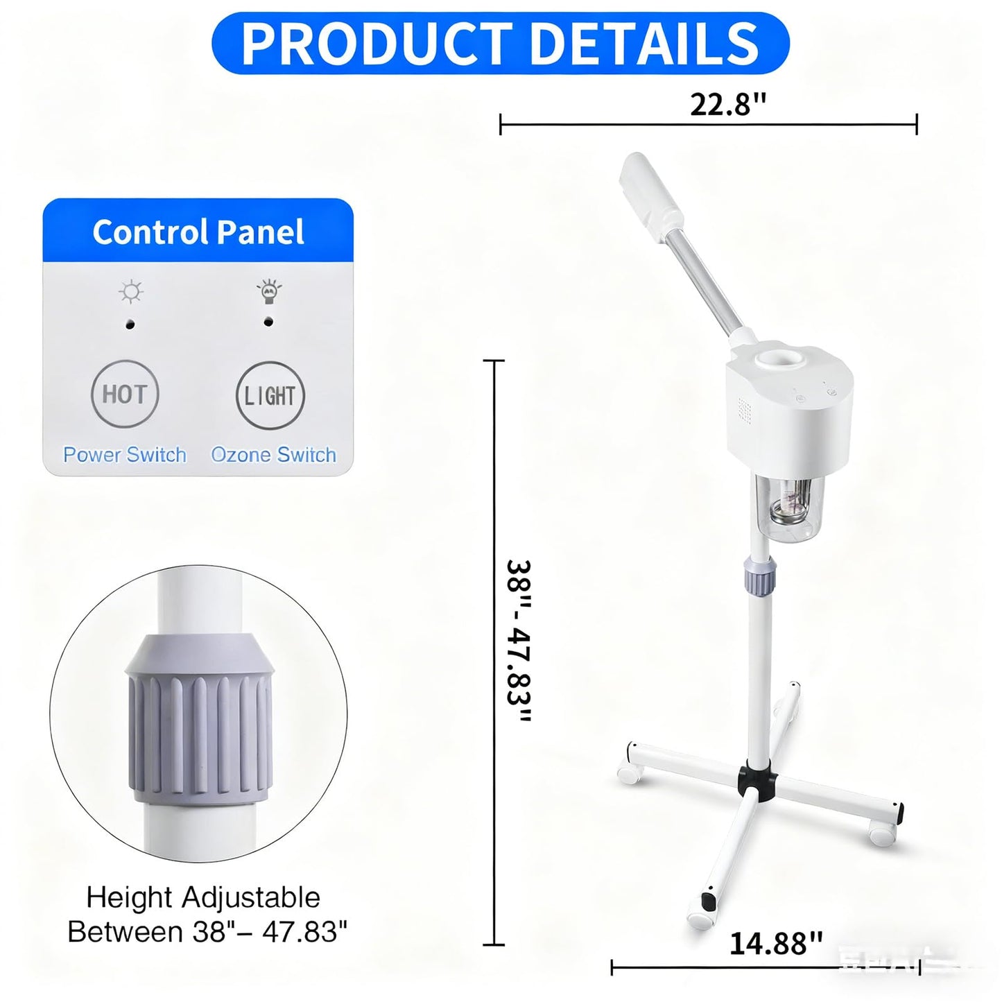 Professional Facial Steamer, Ionic Ozone with Hot Mist, Estheticians Steamer on Wheels with Timer Function, SPA & Home (White)