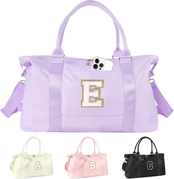 Dance Gym Duffel Bag for Teen Girls, Personalized Initial Travel Weekender Bag,Cute Overnight Carry On Duffle for Women,Sports Travel Cheer Bag,Monogram Christmas Gifts for Tween Preppy(purple-E)