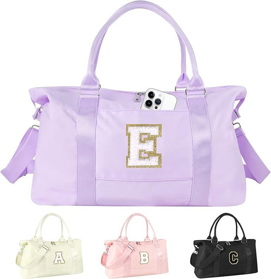 Dance Gym Duffel Bag for Teen Girls, Personalized Initial Travel Weekender Bag,Cute Overnight Carry On Duffle for Women,Sports Travel Cheer Bag,Monogram Christmas Gifts for Tween Preppy(purple-E)