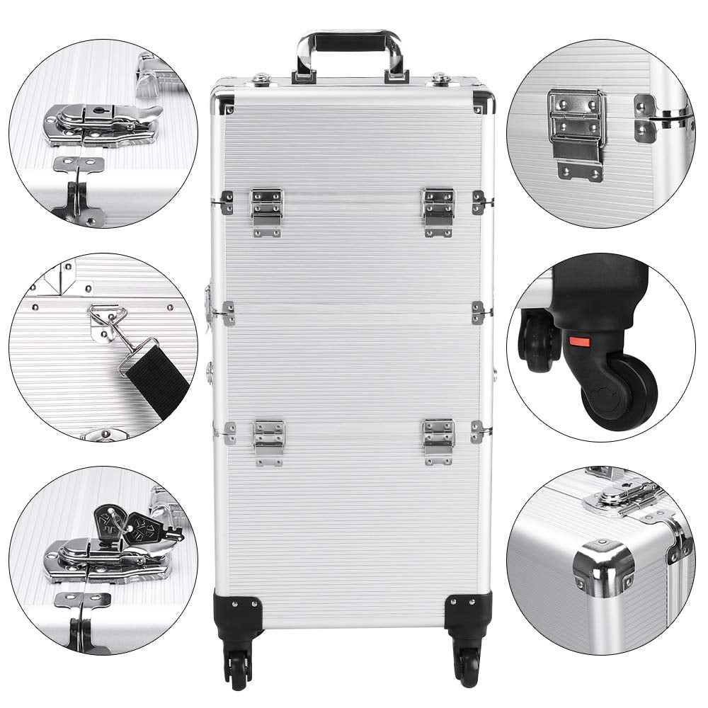 Karl home 3 in 1 Makeup Train Case Rolling Cosmetic Trolley Large Capacity Travel Organizer with Key 360°Swivel Wheels Suitcase for Beauticians Hairstylists Nail Tech Students, Silver