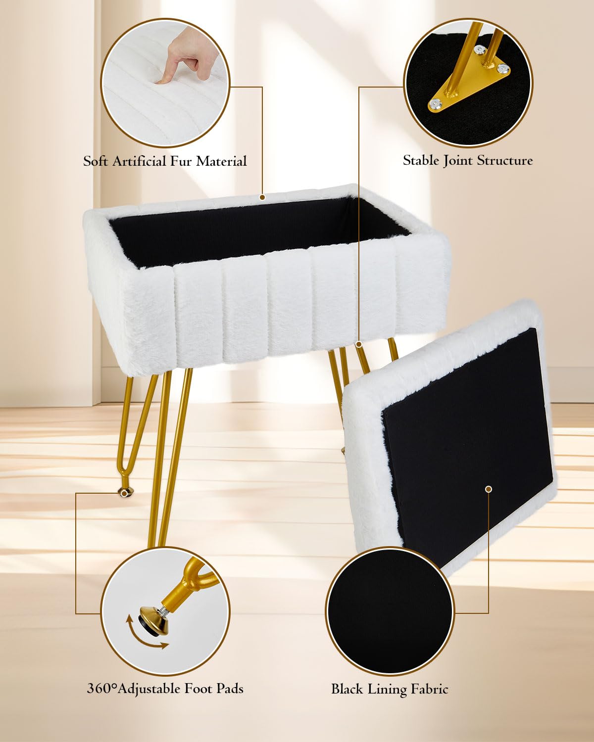 Tavovostar Vanity Stool with Storage, Faux Fur Makeup Stool with Metal Legs, Multifunctional Furry Footrest Ottoman Chair for Living Room Bedroom,White