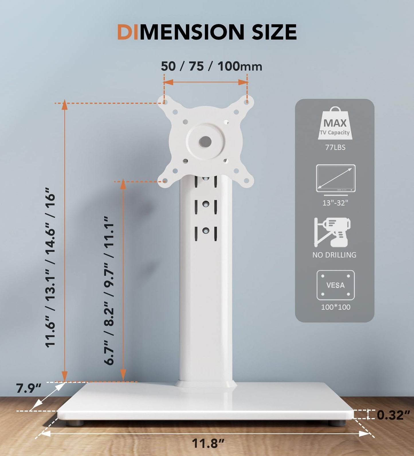 Hemudu Single LCD Computer Monitor Free-Standing Desk Stand Riser for 13 inch to 32 inch Screen with Swivel, Height Adjustable, Rotation, Holds One (1) Screen up to 77Lbs(HT05W-001) White