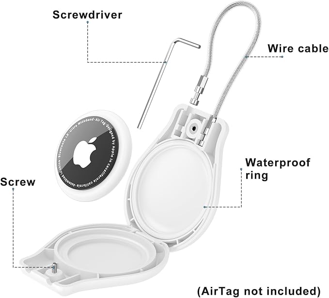 AirTag Holder with Wire Cable Compatible with Apple AirTags, Ultra Durable Anti-Lost Protective Lock Case for Luggage, Key, Backpack (White)