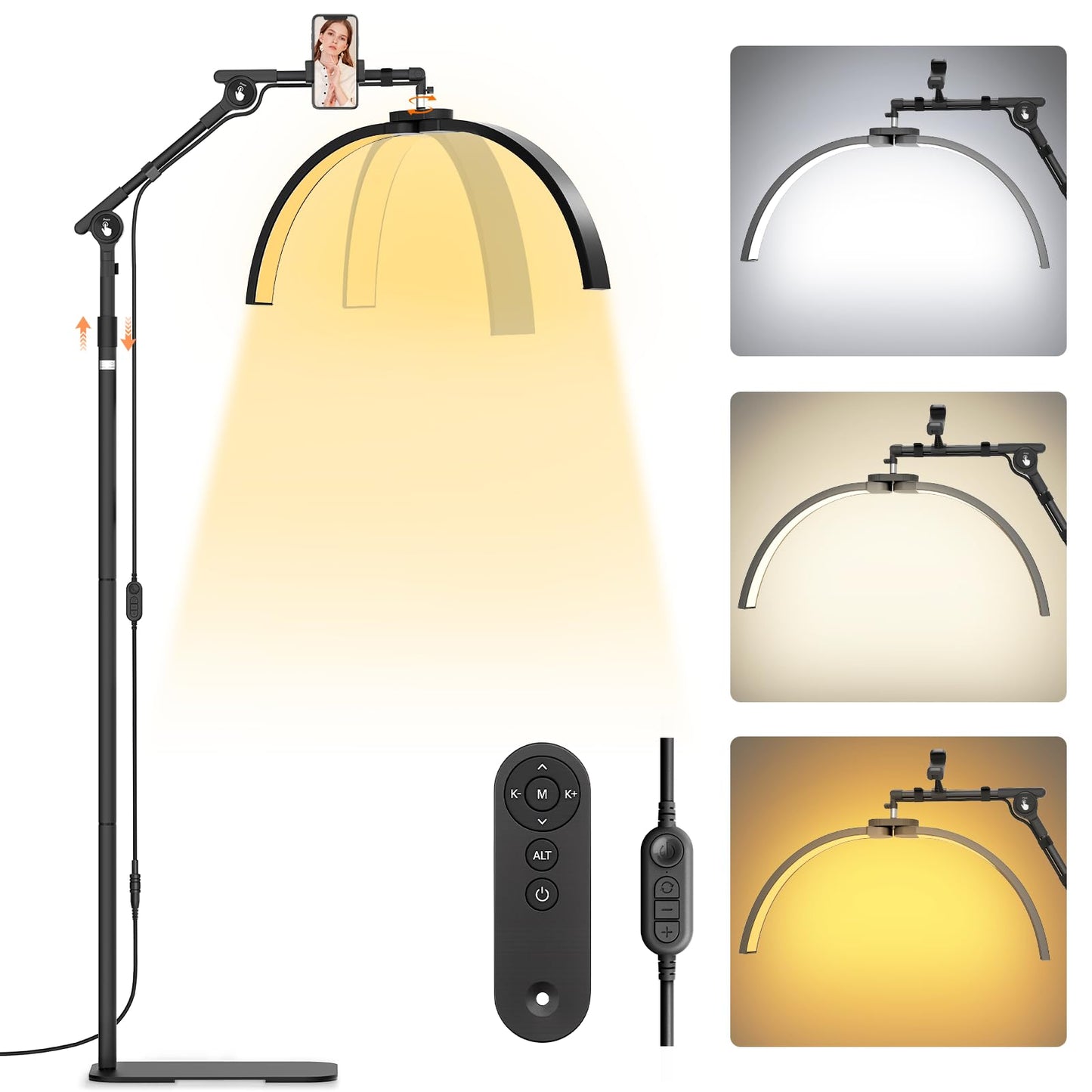 LIONVISON Half Moon Lash Lighting: Foldable Floor LED Lamp for Eyelash - 45W Portable Esthetician Light with Phone Holder for Lash Artist Tech Tattoo Salon