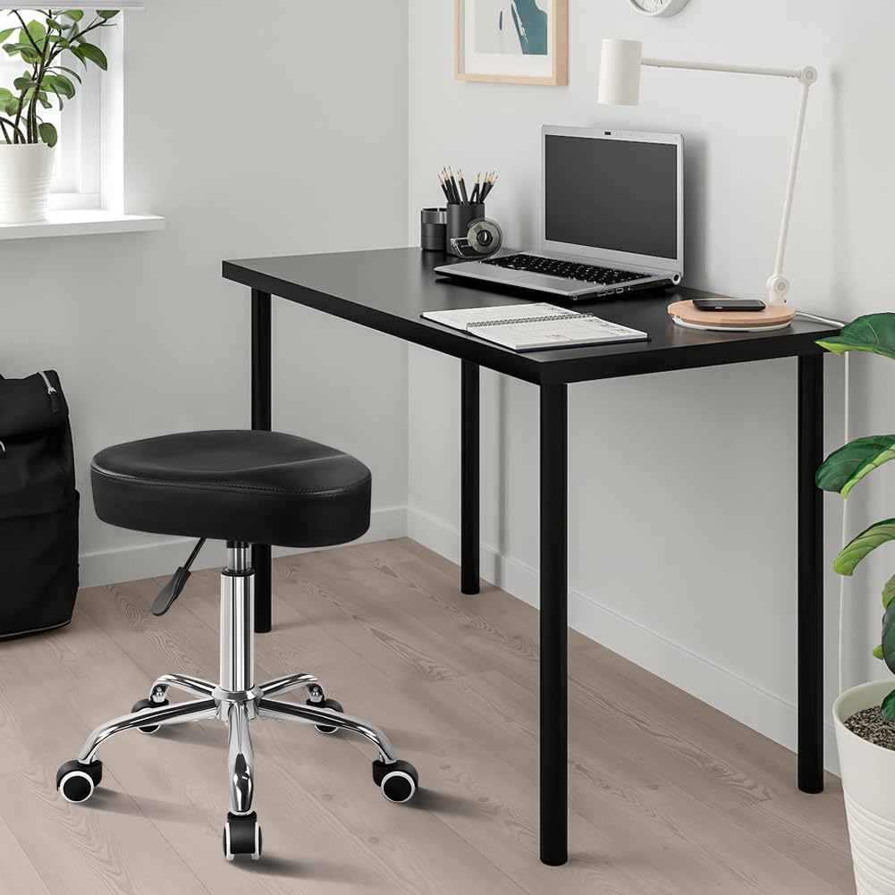 WKWKER Saddle Stool Height Adjustable Rolling Stool with Wheels 360 Swivel Drafting Chair PU Leather Saddle seat for Home Office Lab Drafting Counter Kitchen Salon Barber Shop Vanity Desk (Black)