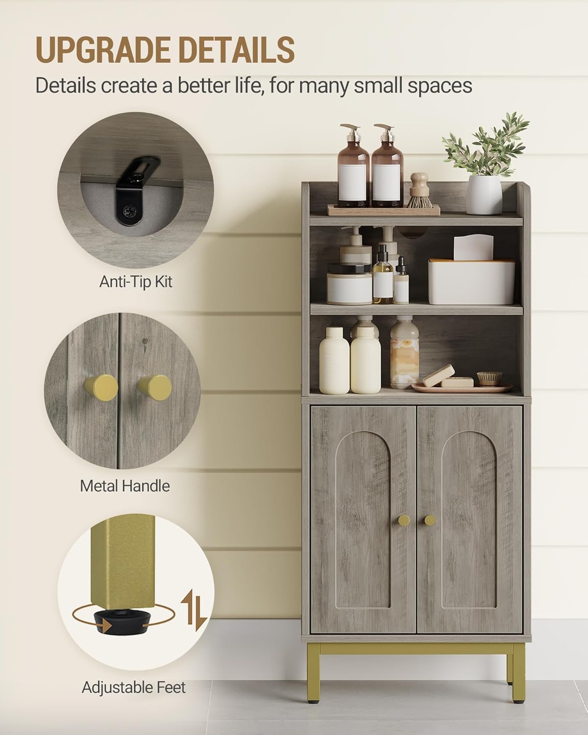 Hzuaneri Bathroom Storage Cabinet, Small Floor Cabinet with 2 Door and Shelves, Toilet Paper Cabinets, Bathroom Organizer with Adjustable Shelf, for Small Spaces Greige,Arch Door,7.1" Dx14.6 Wx32.7 H
