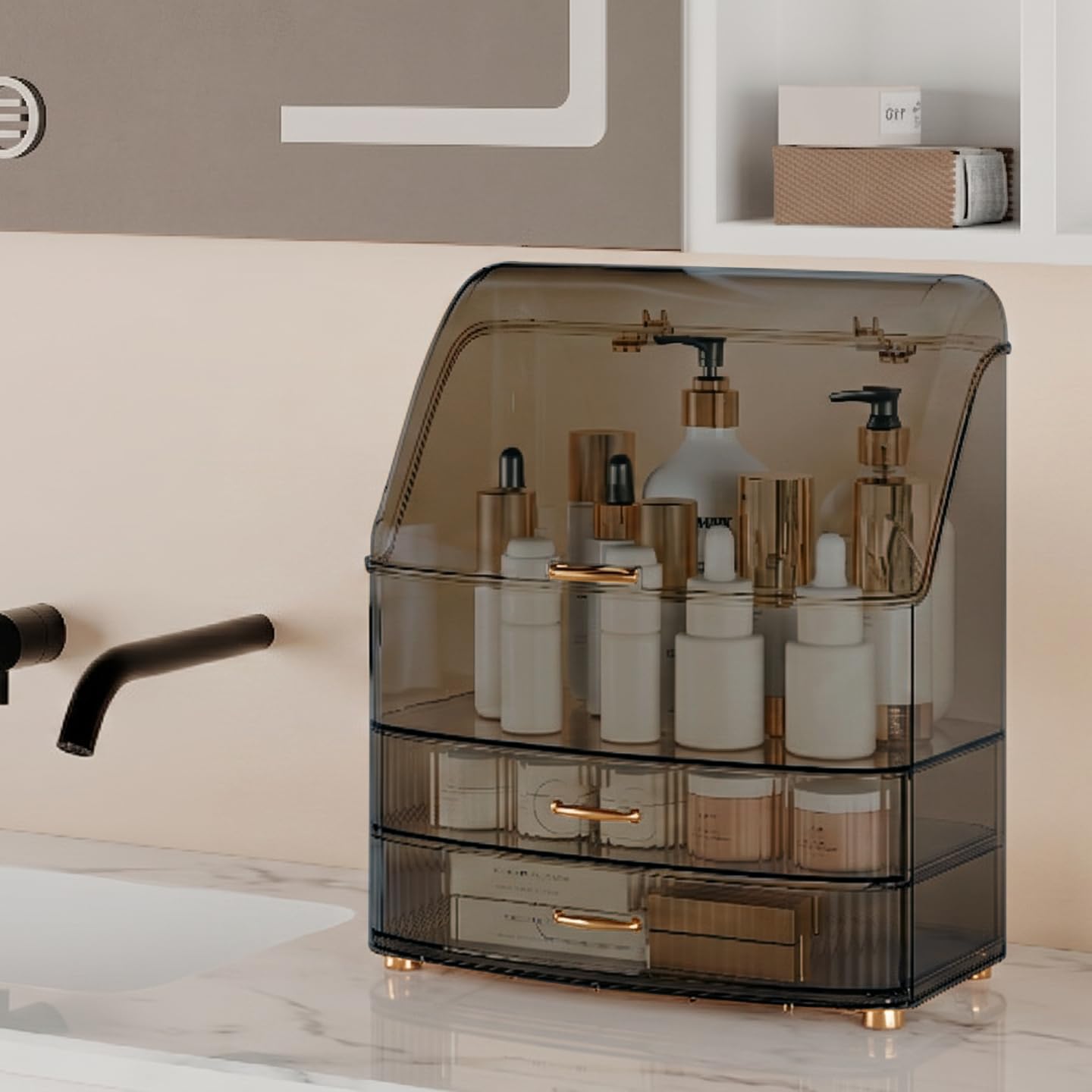 Plukers Makeup Organizer Countertop Vanity with Transparent Lid Drawers Waterproof Dustproof Cosmetic Skincare Bathroom Storage Gift for Women Teens Girls (Clear Black)