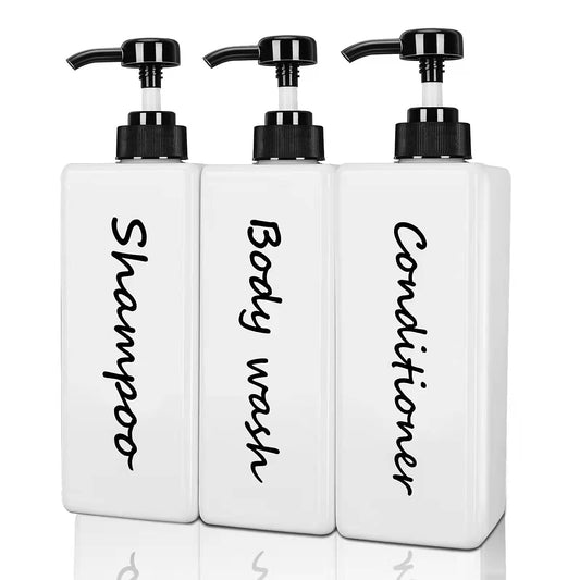 Shampoo and Conditioner Dispenser (Set of 3, 21oz) Modern Refillable Shampoo Pump Bottles for Shower Soap - Empty Body Wash Dispenser Set for Bathroom