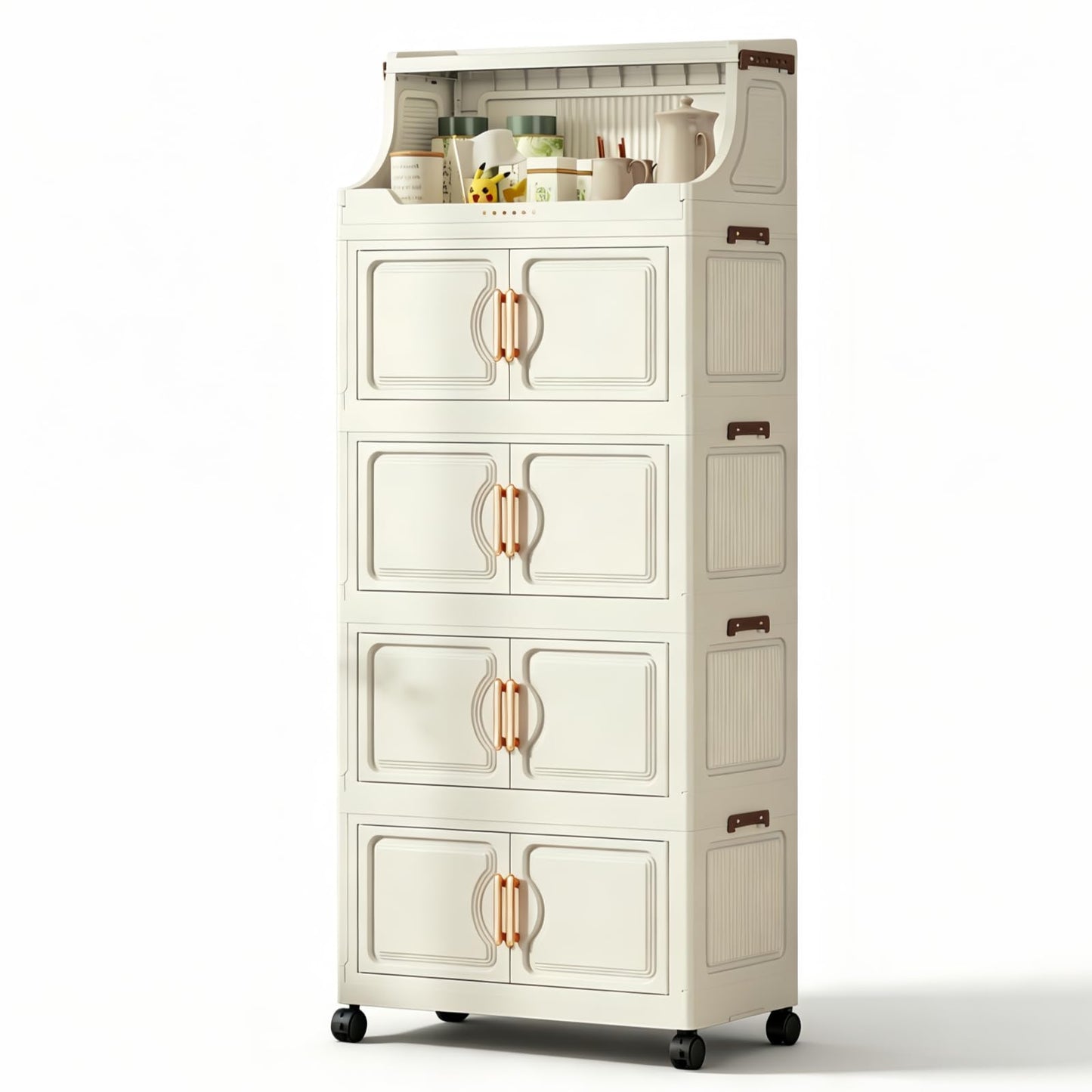 217QT Stackable Storage Bins with Lids & Rack, 5 Tier Large Capacity Foldable Storage Cabinet, Clear Collapsible Pantry Organizer for Home, Kitchen, Bathroom, Dorm, Office, White