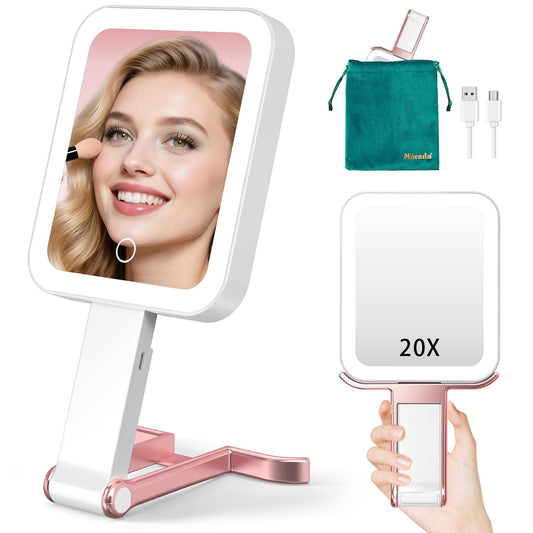 Mocado Travel Makeup Mirror with Light, 1x/10x Magnifying Mirror With Light, 3 Colors Lighted Magnifying Mirror, 2000mAh Rechargeable Lighted Makeup Mirror, Dimmable Touch, Memory Function (Rose Gold)