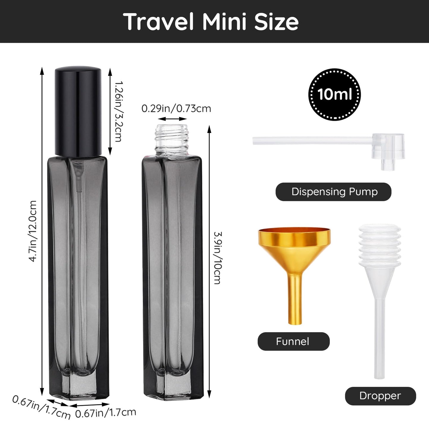 Segbeauty 0.34oz Small Travel Size Perfume Atomizer, 10pcs 10ml Refillable Atomizer Sprayer for Perfume, Black Glass Spray Bottles Empty with Refill Kit for Women, Mini Travel Cologne Sprayer for Men