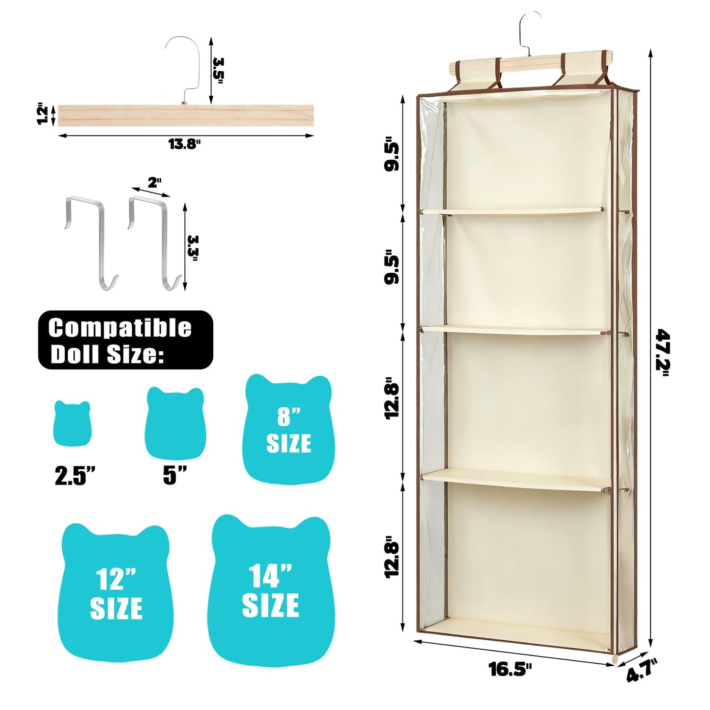 WAKCCIL Stuffed Plush Holder for Squishmallow Storage | 2 in 1 Over the Door & Rack Hanging Organizer | with Extra Space-saving Pockets | Clear Solution for Organize Display