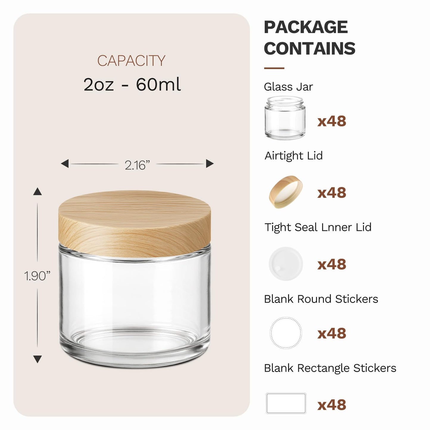 2 oz Glass Jars with Plastic Woodgrain Lids, Bumobum 48 pack Round Clear Cream Jars with Black and White Labels & Inner Liners, Empty Cosmetic Containers for Cream, Lotion, Ointment